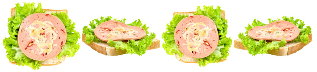 A delectable homemade sandwich featuring sliced bologna sausage and fresh green lettuce, artfully prepared. © GraphicPNG