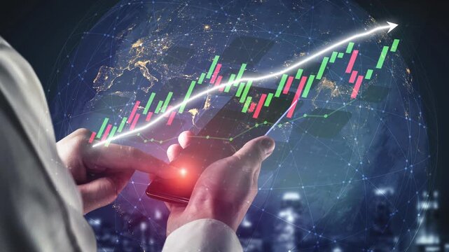 A dynamic visual representation of financial growth featuring a smartphone displaying analytics over a global background, ideal for finance or business themes. Copula