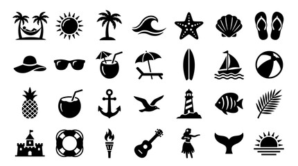 Collection of black and white summer vacation icons representing beach activities tropical destinations and relaxation symbols © Iconique Studio