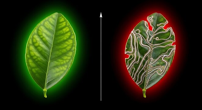 Healthy plant leaf glowing green next to leaf damaged by leaf miners.