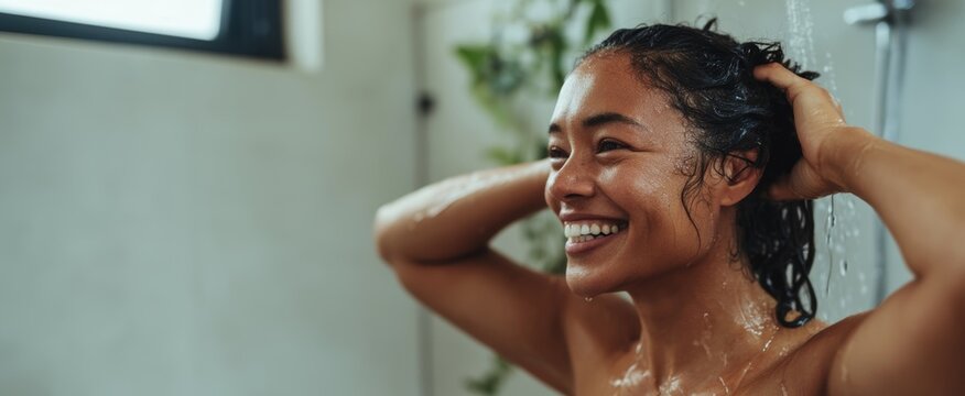 Woman in a Shower, Smiling, with Wet Hair