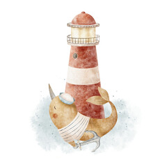 Narwhal whale sailor, lighthouse red, ship's anchor. Hand-drawn watercolor illustration in children's nautical style, isolated from background for postcard designs, nursery posters, party invitations © Anastasia Brekhova
