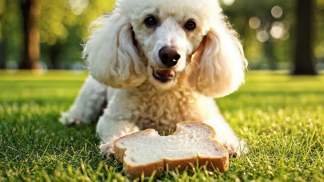 Adorable white poodle dog eating a slice of bread on green grass in park.