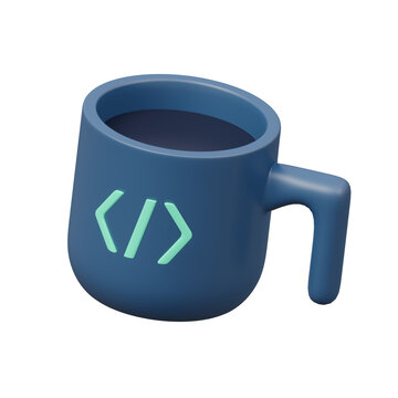 3D Blue Coffee Mug with Code Symbol for Programmer and Web Developers