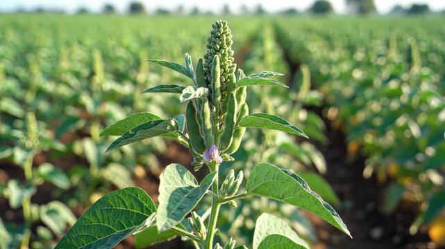 Closeup of a quinoa plant growing in a vast agricultural field.