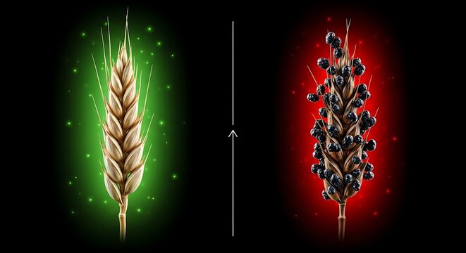 Clean golden wheat ear versus grain head infected with black ergots.