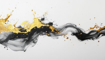 Obraz premium 黒背景に金の飛沫と粒子が爆発する墨絵素材