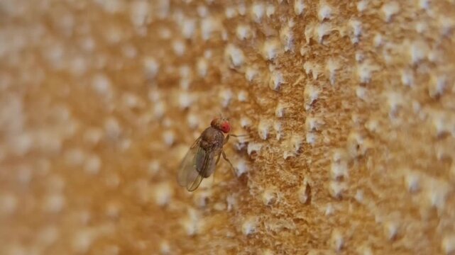 Macro Close Up of Fruit Fly Standing on Textured Surface with Subtle Leg Movement and Detailed Wings