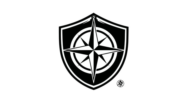 Black and white shield design with compass rose, circles, and a small emblem below