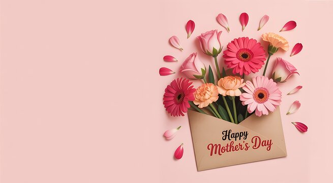 Mother's Day flowers bouquet in envelope on pink background