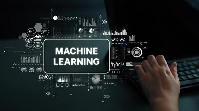 Hands Engaging with Keyboard Surrounded by Machine Learning Data Visualization and Analytics Graphics in Dark Background. Asymptotic smart data analytic.