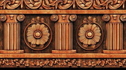 Fototapeta premium Intricately carved wooden panel with floral motifs, columns, and ornate scrolls in a rich hue