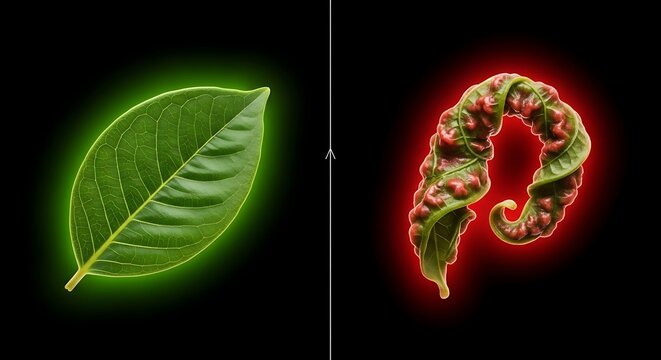 Healthy plant leaf next to disease afflicted leaf with bumpy red growths.