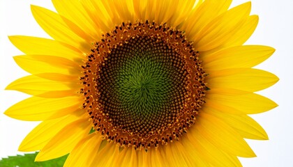 Obraz premium Sunflower Closeup with Yellow Petals and Spiral Seed Pattern on White Background