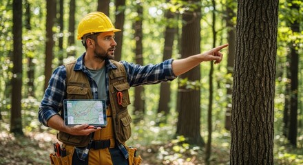 Fototapeta premium A man wearing a yellow hard hat and a plaid shirt points to a specific location in a dense forest.