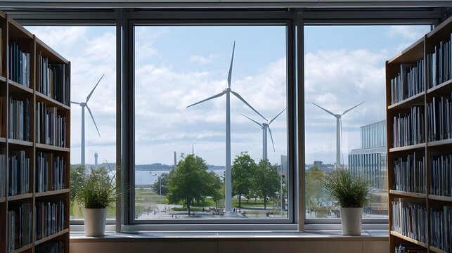 View of wind turbines from a library window symbolizing knowledge and sustainable energy
