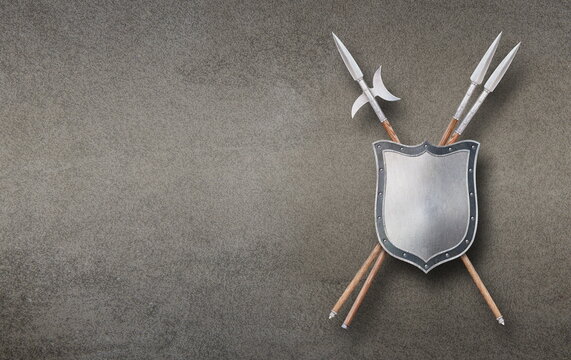 iron shield two lances and halberd on grunge background