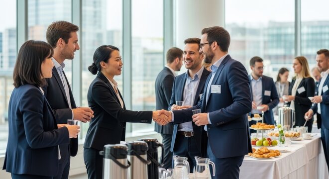 Several business professionals are engaged in networking at a conference.