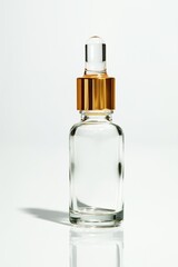 Naklejka premium Clear glass dropper bottle with golden cap on a white background for skincare product display