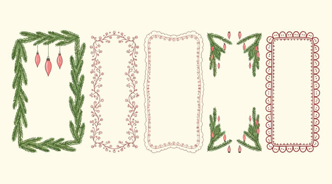 Set of five decorative holiday frames featuring ornaments, vines, leaves, berries, and scalloped lace borders, designed for greeting cards, invitations, posters, and festive seasonal decoration in mod