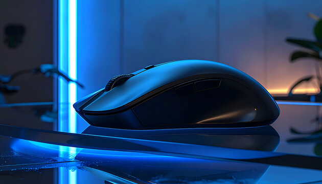 Ergonomic wireless gaming mouse on glossy reflective surface with blue neon light accent featuring customizable buttons and a precision sensor