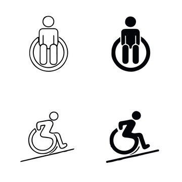 Black and white accessibility icons showing wheelchair users in seated and moving positions symbolizing mobility and inclusion