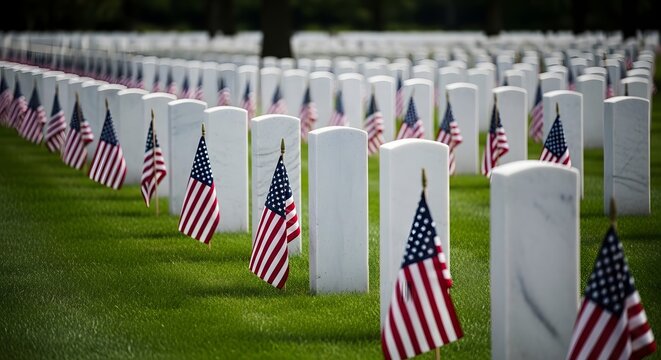 Solemn memorial day remembrance rows of white headstones adorned with american flags at arlington national cemetery