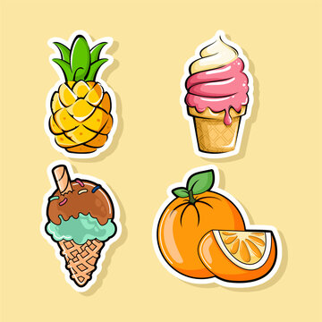 Set of Summer Food Stickers with Cute Pineapple Ice Cream and Orange Fruit Illustration