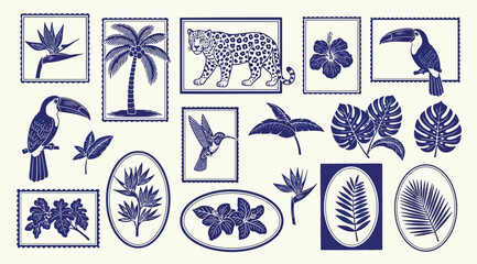 Set of tropical illustrations with exotic plants, flowers, leopard, toucan and hummingbird in blue ink style © Saharia