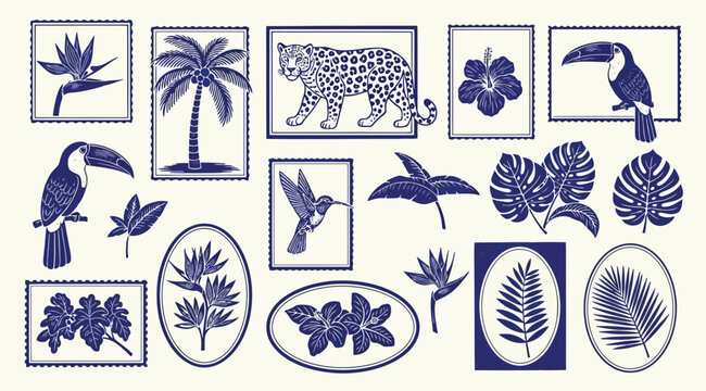 Set of tropical illustrations with exotic plants, flowers, leopard, toucan and hummingbird in blue ink style