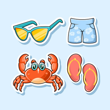 Set of Summer Beach Vacation Stickers with Cute Crab Sunglasses and Flip Flops Illustration