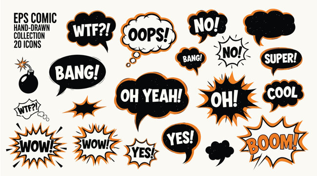 Set of comic speech bubbles with handdrawn text effects, vector illustration of various cartoon expression clouds