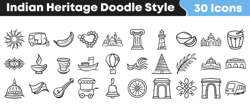 This collection features charming doodle style icons representing diverse elements of indian heritage and culture for various creative projects.