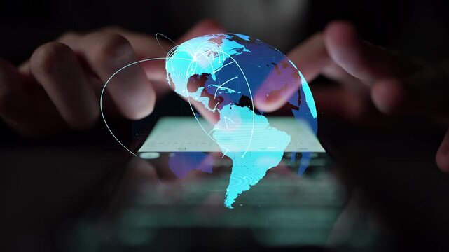 Global network connection visualization showing data exchange, digital link, worldwide communication. Global data flow and digital network infrastructure connecting regions around the world. Thunk