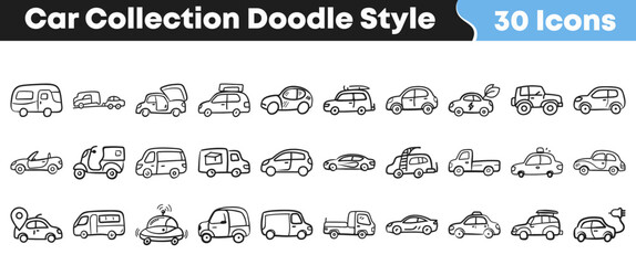 Diverse set of thirty hand drawn doodle style car icons illustrating various types of vehicles for creative design projects today © Vectoravec