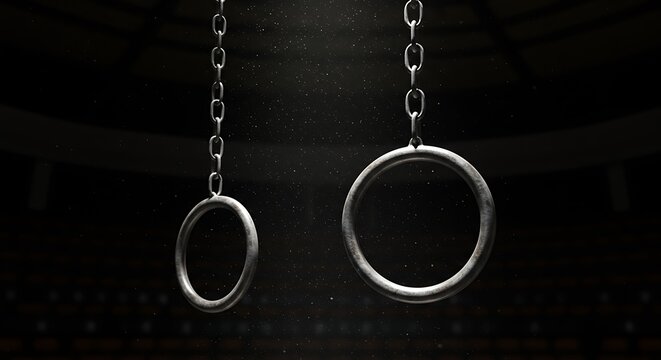 Gymnastic rings hanging in dark arena ready for competition