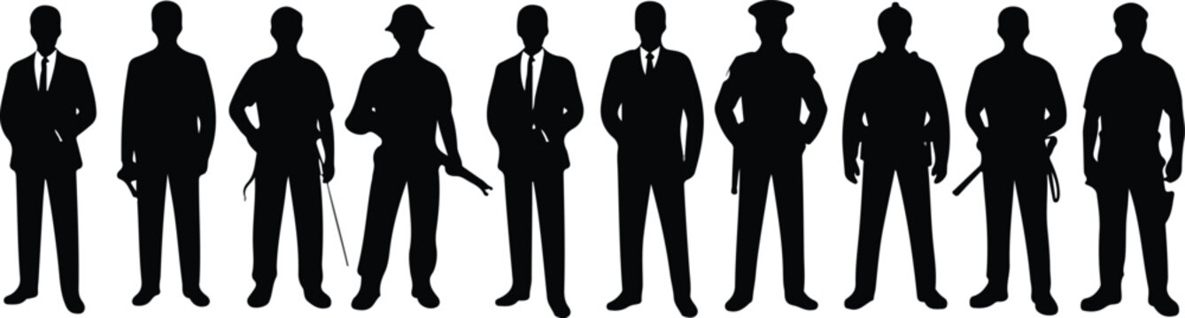 Minimalist black and white silhouette illustration of business men in suits with varied poses in horizontal lineup composition