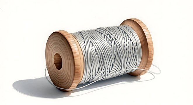 A wooden spool tightly wound with silver thread, casting a soft shadow on a white ground