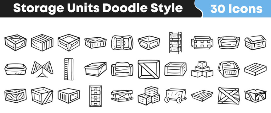 Hand drawn set of thirty doodle style storage unit icons featuring various wooden crates boxes and organized containers for logistics
