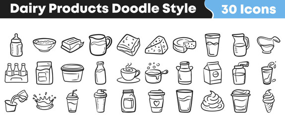 Naklejka premium A comprehensive collection of hand-drawn doodle style icons representing various dairy products, perfect for menu designs and food-related projects.