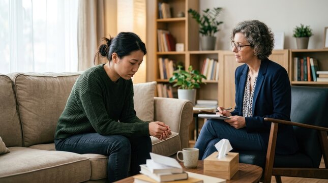 A therapist listens attentively to a young woman during a counseling session.