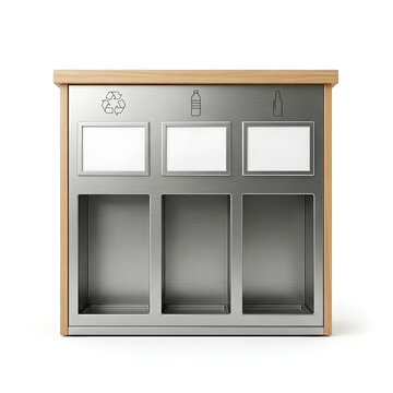 Modern Stainless Steel Recycling Bin with Wooden Frame.