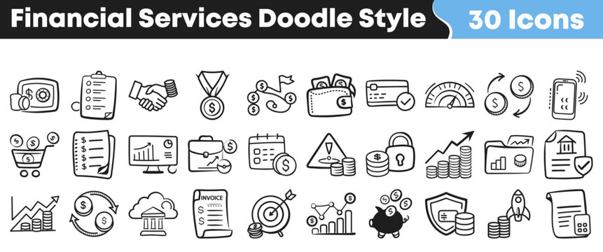 This extensive collection features thirty hand-drawn financial services icons in a charming doodle style, ideal for modern banking, investment, and economic illustrations.