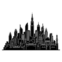 Obraz premium A black and white vector graphic illustration of a city skyline with modern skyscrapers and traditional architecture