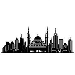 Fototapeta premium A black and white vector graphic illustration of a city skyline with a mosque in the center