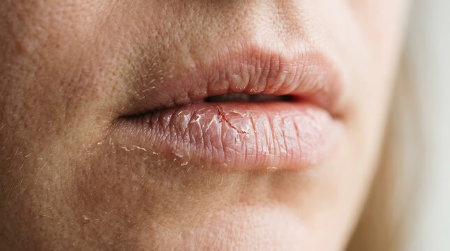 Close up of dry and chapped lips on a person's face skin