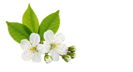 Naklejka premium photorealistic macro of a delicate cherry blossom sprig featuring white petals and green leaves, isolated on a transparent background with ample negative space. natural botanical freshness and