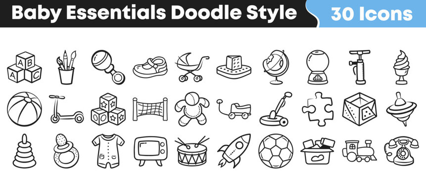 Hand drawn set of cute baby essentials in doodle style featuring various toys and nursery objects for creative design projects