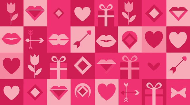 Seamless pattern with valentines day icons, romantic background with hearts, lips, gifts, and flowers in shades of pink