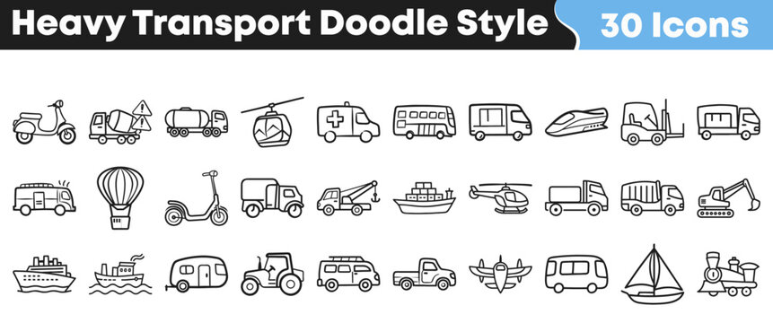A comprehensive set of heavy transport doodle style icons showcasing various vehicles for land, air, and sea travel illustrations.
